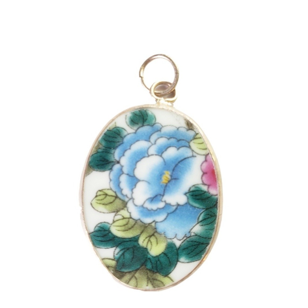 Blue Floral Oval Pendant Vintage Transferware Broken China Focal Jewelry Peony